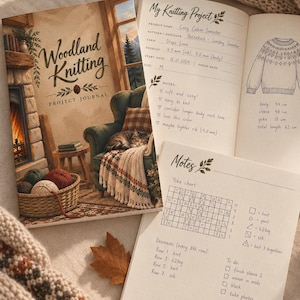 Puede incluir: Un diario de proyectos Woodland Knitting con una portada ilustrada que muestra una chimenea y un sillón, abierto en páginas con detalles escritos a mano para un suéter, incluyendo hilo, tamaños de aguja, un boceto y un gráfico de tejido.