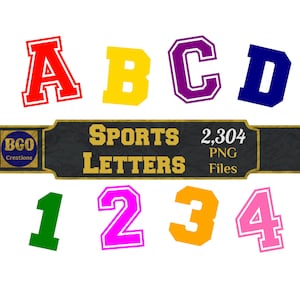 Sports Alphabet Letters/Numbers, 64 Alphabet Sets, Sublimation Monograms, Football Baseball Basketball, 2 Fonts in 32 Colors, Commercial use