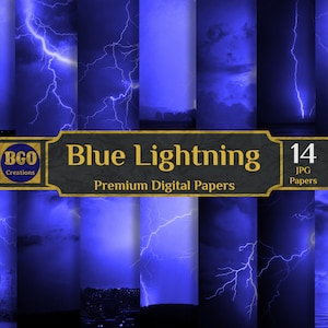May include: A digital paper pack with 14 blue lightning designs. The designs feature various shades of blue and white, with lightning bolts in different shapes and sizes. The pack is titled "Blue Lightning" and is labeled as "Premium Digital Papers".