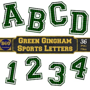 Green Gingham Varsity Sports Alphabet, 26 PNG Letters & 10 Numbers, Football Baseball Basketball Monograms, Green Plaid Varsity Letters