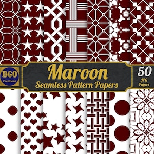 May include: A selection of maroon and white seamless pattern papers. The designs feature stars, geometric shapes, and floral motifs. The image includes the text "Maroon Seamless Pattern Papers" and "50 JPG Papers".