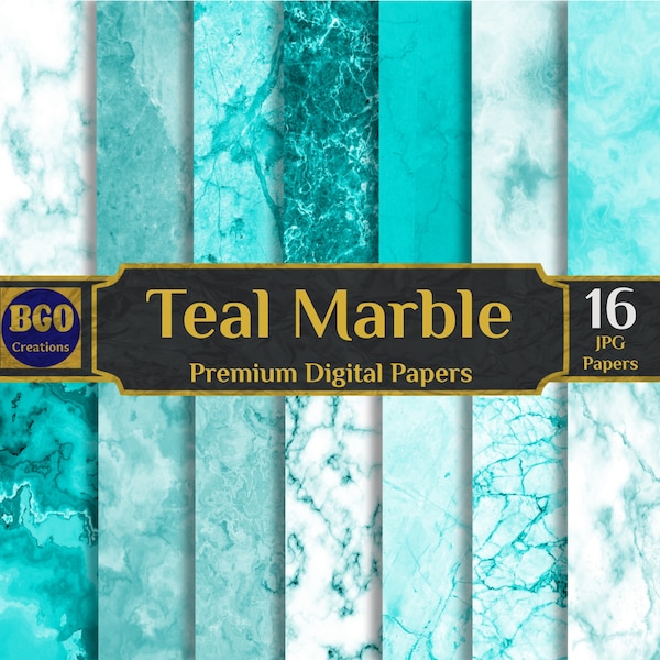 Teal Marble Digital Paper Pack, 16 Scrapbooking Papers, Teal Marble Texture, Stone Backgrounds, Marbled Paper, Sublimation Backgrounds