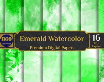 Emerald Watercolors Digital Paper Pack, 16 Scrapbooking Papers, Watercolor Texture, Green Backgrounds, Sublimation Backgrounds