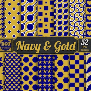 Navy Blue and Gold Patterns, 52 Printable Seamless Scrapbooking Pattern Digital Papers, JPG, Commercial Use, Instant Download