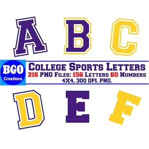 Purple & Gold College Sports Alphabet  6 Alphabet Sets, Monograms Football Baseball Basketball , Commercial use, Instant Download