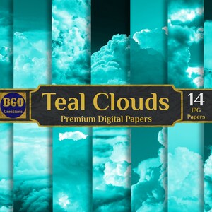 Teal Clouds Digital Paper Pack, 14 Scrapbooking Papers, Cloud Texture, Cloudy Background, Cloudy Sky Digital Paper, Sublimation Backgrounds