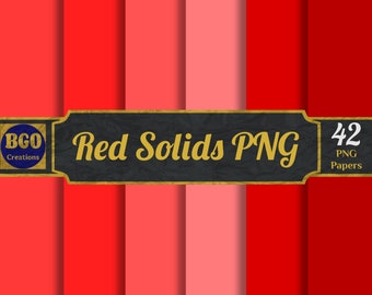 May include: A set of 42 red solid color digital papers. The papers are in various shades of red, from light pink to dark red. The papers are perfect for use in digital scrapbooking, card making, and other digital crafts.