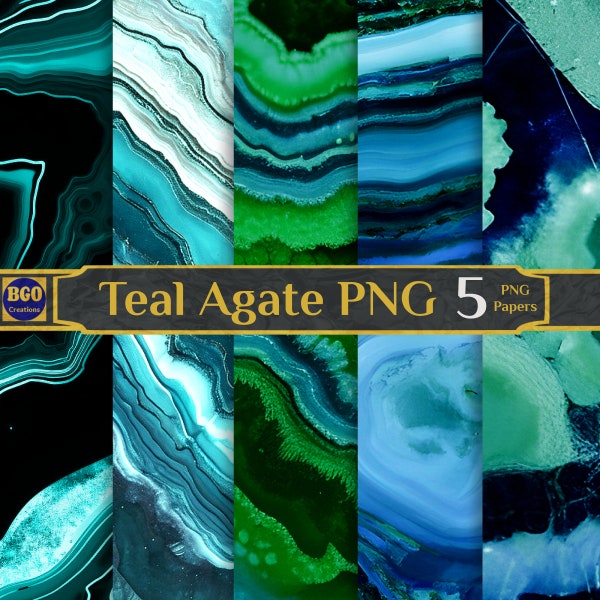 Teal Agate PNG Digital Paper Pack, 5 Photography Background Jeweled Texture, Blue-Green Marble Geode Quartz Sublimation Backgrounds