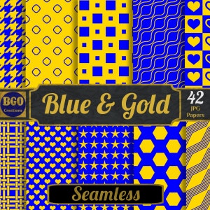 Blue and Gold Patterns, 42 Seamless Digital Pattern Papers, Printable Sublimation Backgrounds, Commercial use, Scrapbook papers