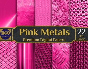 Könnte beinhalten: Ein digitales Papierpaket mit 22 rosafarbenen Metalltexturen. Das Paket enthält Texturen von gebürstetem Metall, Folie, Kettengliedern und mehr. Das Paket trägt den Titel "Pink Metals" und ist als "Premium Digital Papers" gekennzeichnet.