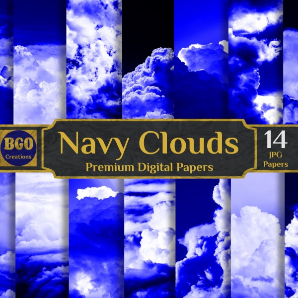Navy Blue Clouds Digital Paper Pack, 14 Scrapbooking Papers, Cloud Texture, Sublimation Backgrounds, Cloudy Sky Digital Paper, Sunny Skies