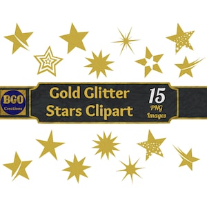 Gold Glitter Stars PNG bundle, 15 Star images, Printable Stars clipart, Stars clip art, Gold Stars, Commercial use