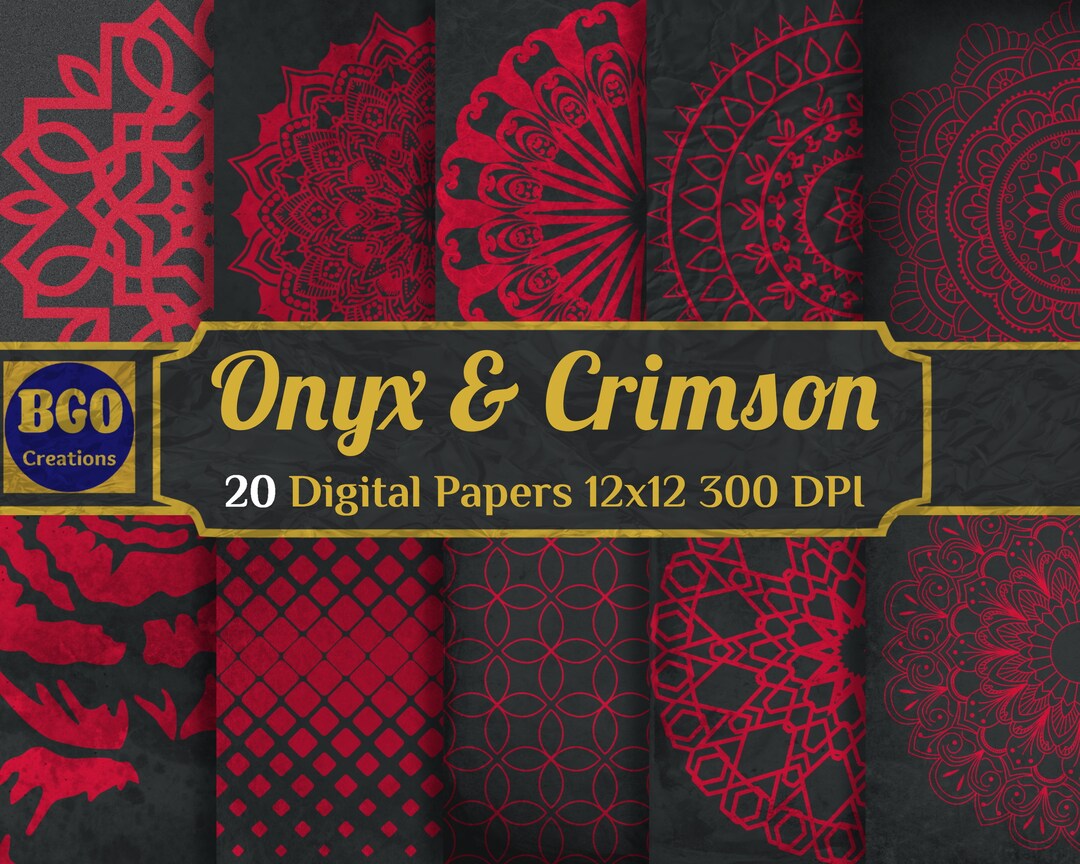 Distressed Onyx & Crimson Digital Paper Pack, 20 Black and Red Ornate ...