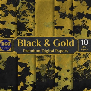 Pacchetto di carta digitale grunge nera e oro, 10 carte glamour, schizzi di vernice astratta, sfondi a sublimazione, motivi a pennellate