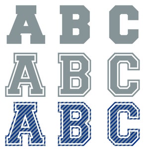 May include: Three sets of letters A, B, and C in a varsity style font. The first set is gray, the second set is gray with a white outline, and the third set is blue and gray stripes with a white outline.