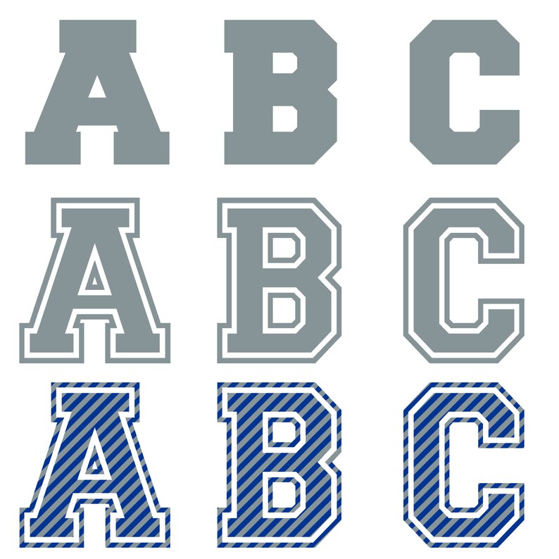 May include: Three sets of letters A, B, and C in a varsity style font. The first set is gray, the second set is gray with a white outline, and the third set is blue and gray stripes with a white outline.