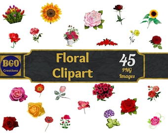 Flowers Clip Art, Floral PNG Images Bundle, Commercial Use, Floral Bouquet Clipart, Floral Background, 45 Flower Cliparts, Flowers Clip Art