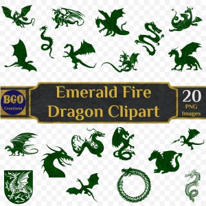 Emerald Fire Dragons Clipart, 20 Fiery Green Dragon PNG images, Printable Flame Dragons, Scrapbooking/Journaling ephemera, Commercial use