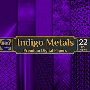 22 Indigo Metals Digital Paper,  Brass Digital Paper, Brushed Metal, Metallic Textures, Purple Backgrounds Patterns - INSTANT DOWNLOAD