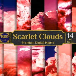 Scarlet Clouds Digital Paper Pack, 14 Scrapbooking Papers, Cloud Texture, Sublimation Backgrounds, Cloudy Sky, Sunny Skies, Commercial Use