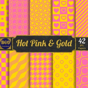 Hot Pink and Gold Patterns, 42 Printable Sublimation Background Pattern Digital Papers, Commercial use, Scrapbooking