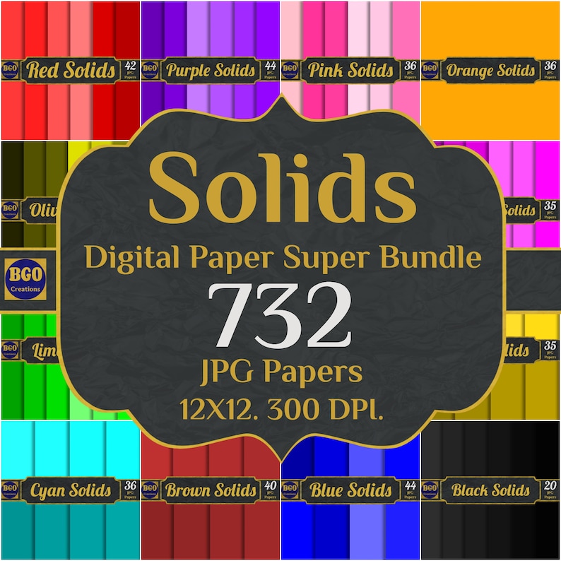 May include: A digital paper pack with 732 solid color JPG papers in 12x12 inches at 300 DPI. The pack includes red, purple, pink, orange, olive, lime, cyan, brown, blue, and black colors.
