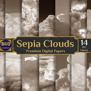 Sepia Clouds Digital Paper Pack, 14 Scrapbooking Papers, Cloud Texture, Cloudy Background, Cloudy Sky Digital Paper, Sublimation Backgrounds