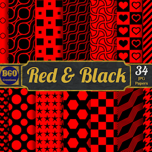 Red and Black Patterns, 34 Seamless Printable Sublimation Background Pattern Digital Papers, Commercial use, Black & Red Scrapbooking