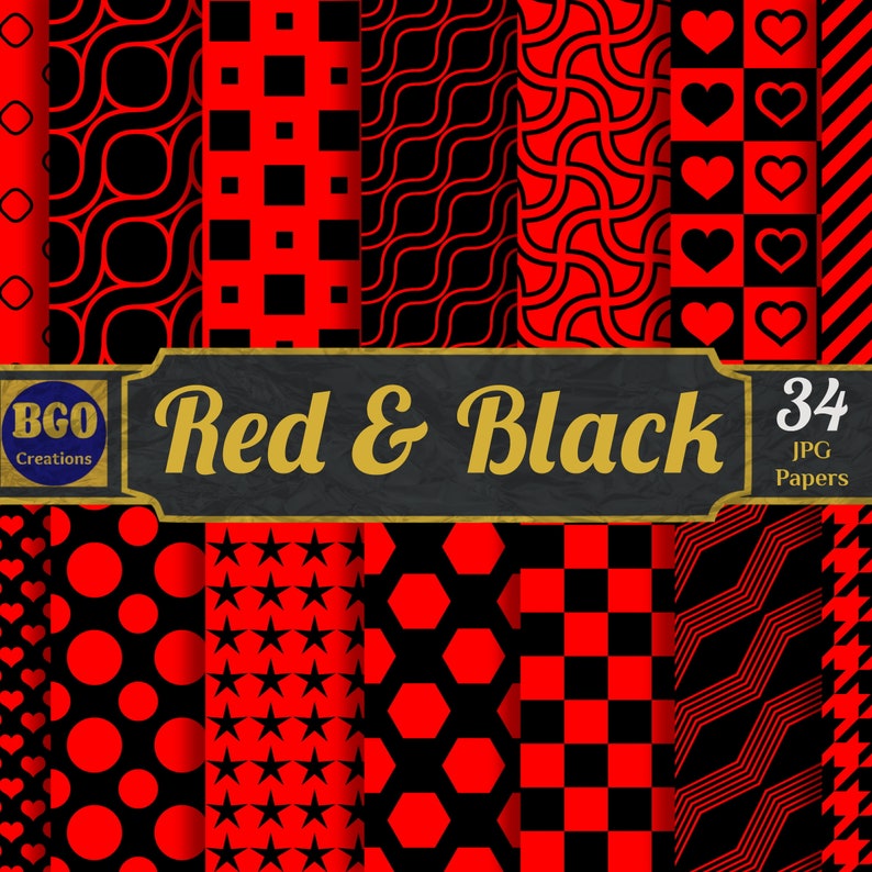 Red and Black Digital Paper Pack, 34 Seamless Printable Sublimation ...
