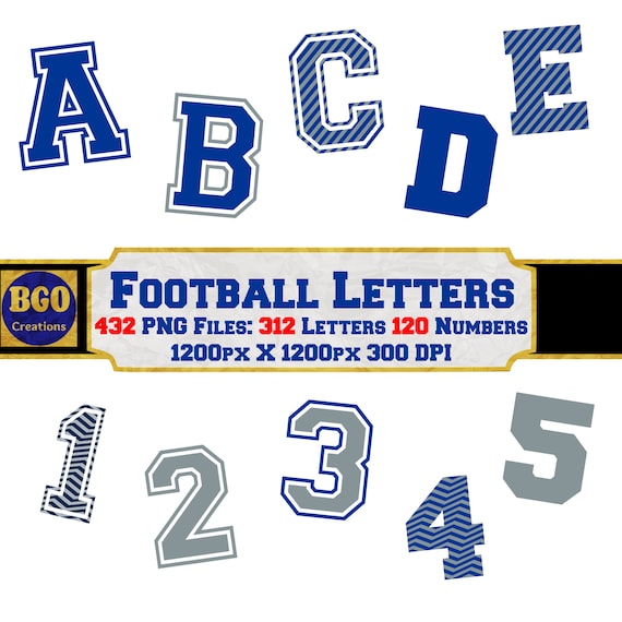 Blue & Silver Digital Football Alphabet, Sports Letters/Numbers, 12 Alphabet Sets, Sublimation Monograms, Commercial use
