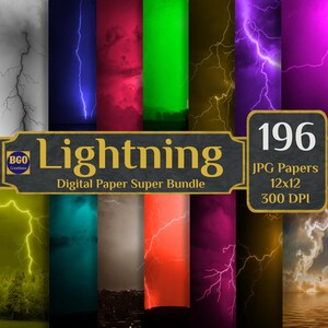 Lightning Digital Paper Bundle, 196 Scrapbooking Papers, Stormy Lightning Sky Textures Sublimation Background, Commercial Use