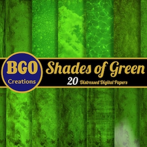 May include: A digital paper pack with 20 distressed green textures. The pack is titled "BGO Creations Shades of Green 20 Distressed Digital Papers".
