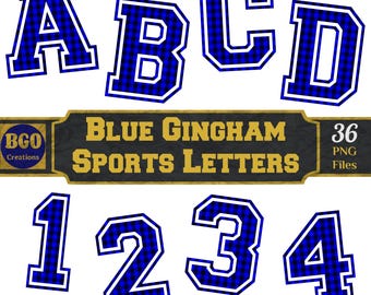 Blue Gingham Varsity Sports Alphabet, 26 PNG Letters & 10 Numbers, Football Baseball Basketball Monograms, Blue Plaid Varsity Letters