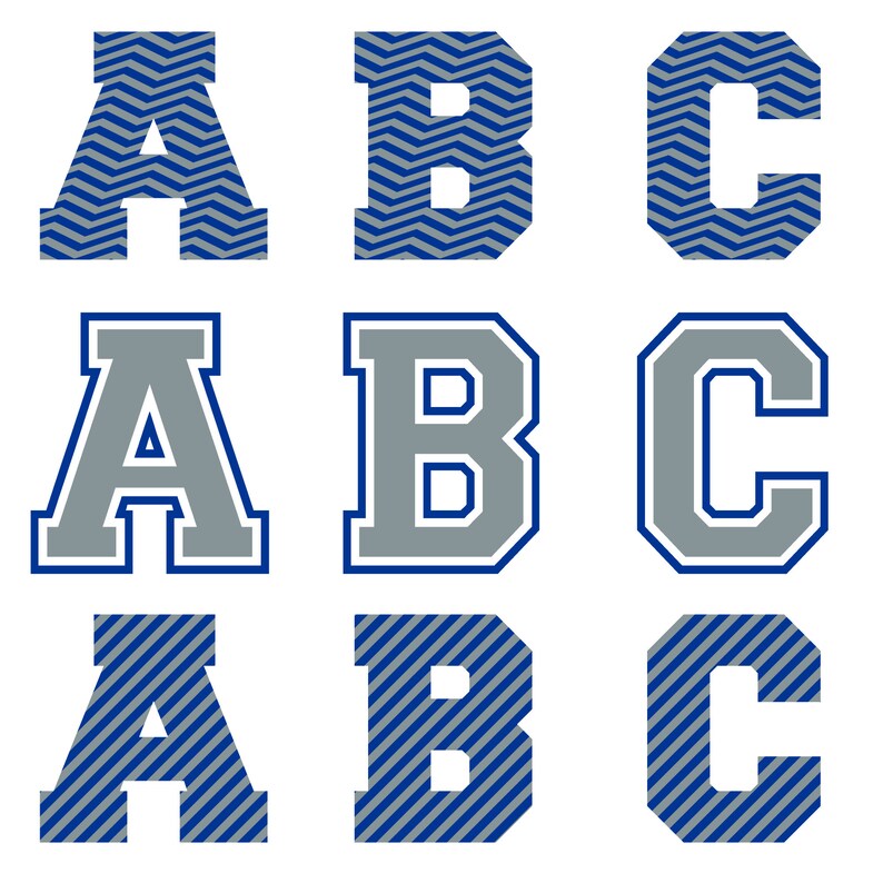 May include: Three sets of letters A, B, and C in different styles. The first set is blue and gray chevron patterned, the second set is gray with a blue outline, and the third set is blue and gray striped.