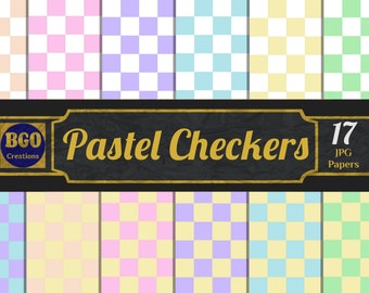 Pastel Checkers Digital Paper Pack, 17 Seamless Printable Checker Pattern Papers, Cute Pastels Colors, Commercial Use, Instant Download