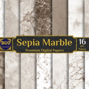 Pode incluir: Um conjunto de 16 papéis digitais com um padrão de mármore em tom sépia. Os papéis são perfeitos para scrapbooking, criação de cartões e outros projetos de artesanato.