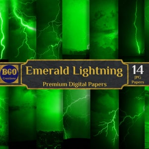 Emerald Green Lightning Digital Paper Pack, 14 Textured Scrapbooking Papers, Stormy Lightning Sky Sublimation Background, Commercial Use