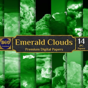 Emerald Green Clouds Digital Paper Pack, 14 Scrapbooking Papers, Cloud Texture, Cloudy Sky Digital Paper, Sublimation Backgrounds