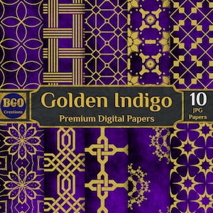 Elegantes Glitzer-Gold auf Indigo Digital Paper Pack, 10 Nahtlose Texturen druckbare Sublimations-Hintergrundmuster, Lila und Gold JPG