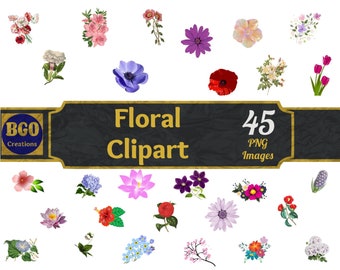 Flowers Clip Art, Floral PNG Images Bundle, Commercial Use, Floral Bouquet Clipart, Floral Background, 45 Flower Cliparts, Flowers Clip Art