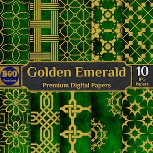 Elegant Glitter Gold on Emerald Digital Paper Pack, 10 Seamless Textures Printable Sublimation Background Patterns Green & Gold Scrapbooking