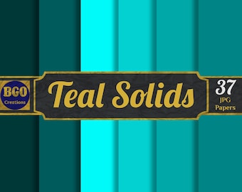Puede incluir: Una colección de 37 papeles digitales de color sólido turquesa. Los papeles están dispuestos en una cuadrícula con una pancarta dorada y negra que dice "Teal Solids" y "BGO Creations".