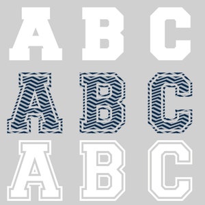 May include: Three sets of letters, A, B, and C, in three different styles. The first set is white with a thick outline. The second set is filled with a blue and white chevron pattern. The third set is white with a thin outline.
