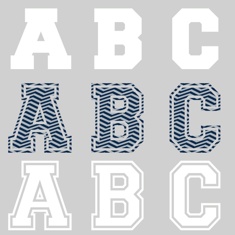 May include: Three sets of letters, A, B, and C, in three different styles. The first set is white with a thick outline. The second set is filled with a blue and white chevron pattern. The third set is white with a thin outline.