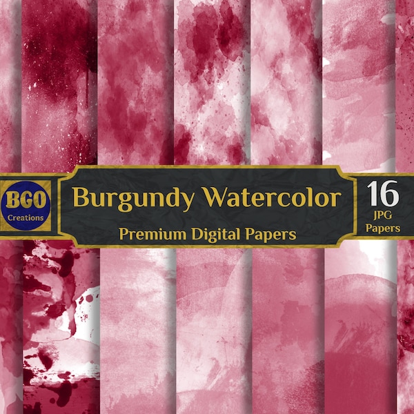 Burgundy Watercolors Digital Paper Pack, 16 Scrapbooking Papers, Watercolor Texture, Maroon Backgrounds, Sublimation Backgrounds