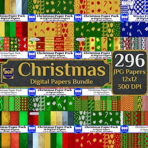 May include: A digital paper pack bundle with 296 Christmas themed designs. The papers are 12x12 inches and 300 DPI. The designs include various patterns, textures, and colors, such as red, green, gold, and white.