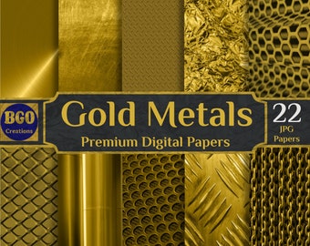Könnte beinhalten: Ein digitales Papierpaket mit 22 goldenen Metalltexturen. Das Paket enthält Texturen von gebürstetem Metall, Folie, Kettengliedern und mehr. Das Paket ist mit "Gold Metals 22 JPG Papers" beschriftet.
