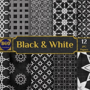 Op de afbeelding: Een set van 12 zwart-witte digitale papierpatronen met geometrische ontwerpen. De papieren zijn perfect voor scrapbooking, kaartmaken en andere knutselprojecten.