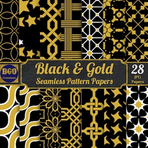 Schwarz und Gold Digital Paper Pack, 28 nahtlose Muster-Papiere, druckbare Sublimationshintergründe, kommerzielle Nutzung, Scrapbooking