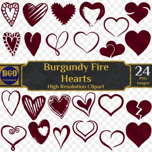 Bundle de cliparts PNG feu coeurs Bourgogne, 24 images, coeurs à imprimer, coeurs de la Saint-Valentin, coeurs bordeaux, usage commercial, téléchargement immédiat